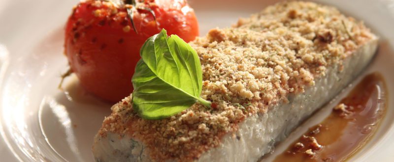 Sweet almond and onion encrusted grouper