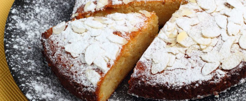 Almond torte with a slice cut out